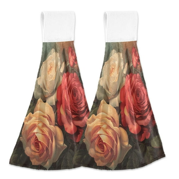 2 Pcs Kitchen Hand Towels with Hanging Loops Absorbent Soft Fast Drying Decor Bath Towels Red Pink Cream Rose