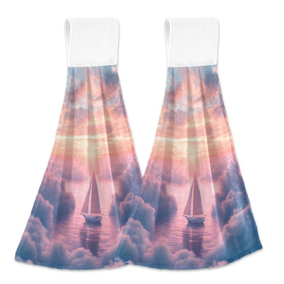 2 Pcs Kitchen Hand Towels with Hanging Loops Absorbent Soft Fast Drying Decor Bath Towels Sailboat above Clouds