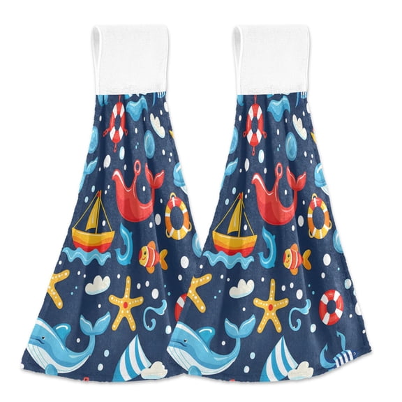 2 Pcs Kitchen Hand Towels with Hanging Loops Absorbent Soft Fast Drying Decor Bath Towels Ship Starfish Fish Lifebuoy