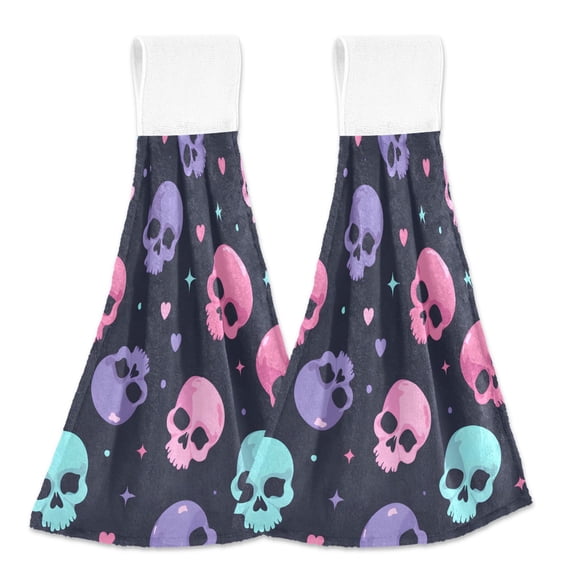 2 Pcs Kitchen Hand Towels with Hanging Loops Absorbent Soft Fast Drying Decor Bath Towels Skull Head and Heart