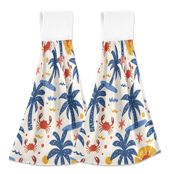 2 Pcs Kitchen Hand Towels with Hanging Loops Absorbent Soft Fast Drying Decor Bath Towels Summer Palm Trees and Crabs