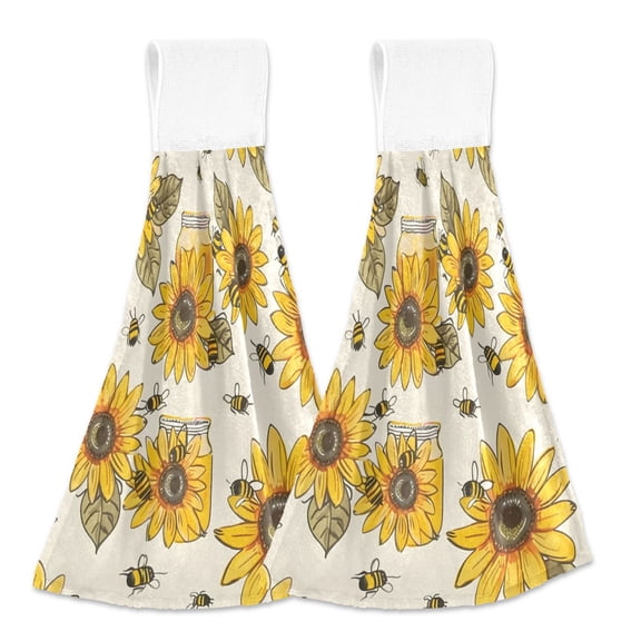 2 Pcs Kitchen Hand Towels with Hanging Loops Absorbent Soft Fast Drying Decor Bath Towels Sunflowers Honey Bee