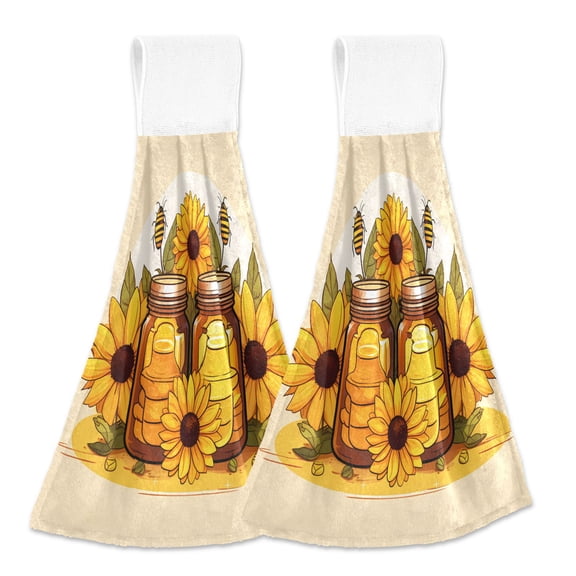 2 Pcs Kitchen Hand Towels with Hanging Loops Absorbent Soft Fast Drying Decor Bath Towels Sunflowers Honey Jars Bee