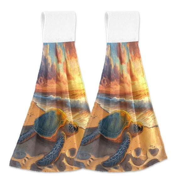 2 Pcs Kitchen Hand Towels with Hanging Loops Absorbent Soft Fast Drying Decor Bath Towels Turtle Beach Sunset