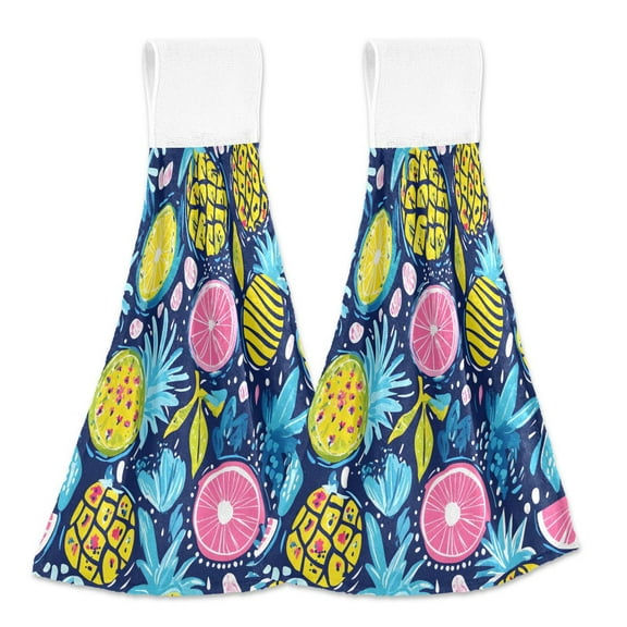 2 Pcs Kitchen Hand Towels with Hanging Loops Absorbent Soft Fast Drying Decor Bath Towels Vibrant Tropical Pineapple Orange