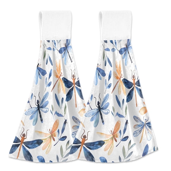2 Pcs Kitchen Hand Towels with Hanging Loops Absorbent Soft Fast Drying Decor Bath Towels Watercolor Dragonflies