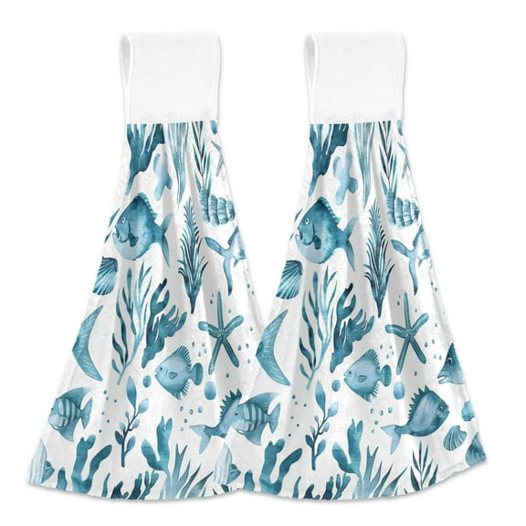 2 Pcs Kitchen Hand Towels with Hanging Loops Absorbent Soft Fast Drying Decor Bath Towels Watercolor Fish Seaweed Starfish
