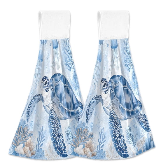 2 Pcs Kitchen Hand Towels with Hanging Loops Absorbent Soft Fast Drying Decor Bath Towels Watercolor Turtle Jellyfish