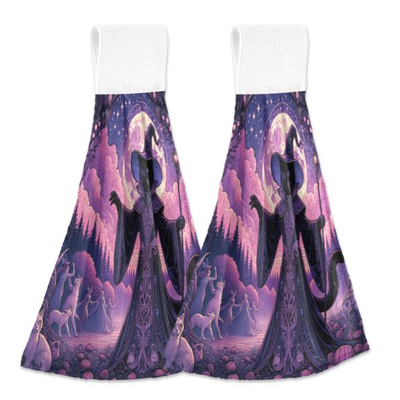 2 Pcs Kitchen Hand Towels with Hanging Loops Absorbent Soft Fast Drying Decor Bath Towels Wizard Cat with Moon