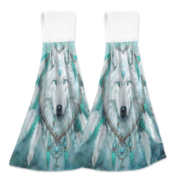 2 Pcs Kitchen Hand Towels with Hanging Loops Absorbent Soft Fast Drying Decor Bath Towels Wolf with Heart Ring