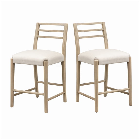 2 Pcs Kitchen Island Stools, Ladder Back Bar Stools in Beige Fabric and Rubberwood, Farmhouse Dining