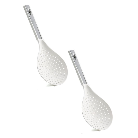 2 Pcs Kitchen Ladle Strainer, Skimmer Spoon, Large Slotted Spoon with High Heat Resistant, Non Stick Cooking Skimmers Multifunctional Fine Slotted Spoon for Cooking Noodle Dumpling Vegetable, White