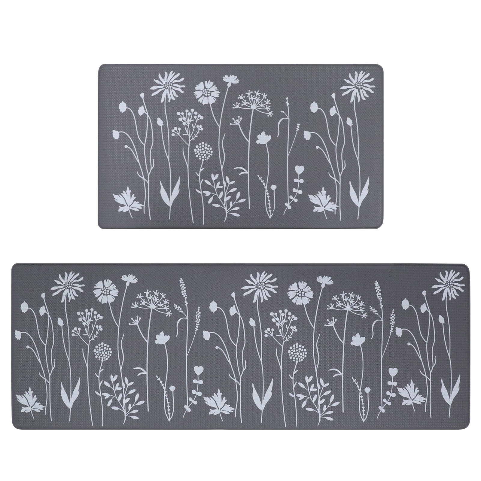Gray Floral Anti-Fatigue Non-Slip Rectangular Kitchen Mat Set