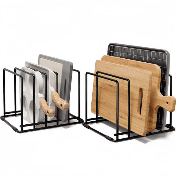 2 Pcs Kitchen Organizer Rack, 5-Slot Heavy-Duty Cutting Board and Bakeware Holder for Countertop or Cabinet Storage