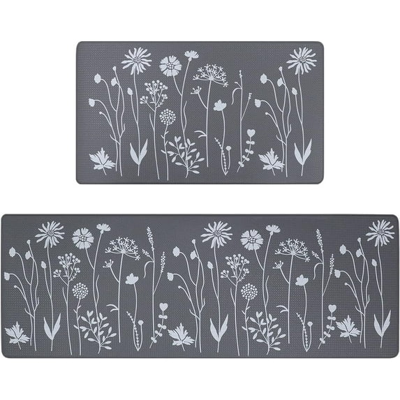 2 Pcs Kitchen Rugs and Mats, Cushioned Anti-Fatigue Floor Mat, PVC Non-Slip Waterproof Kitchen Rug Set for Kitchen, Office, Sink 17"x47"+17"x29" (Grey)