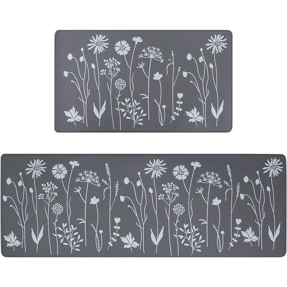 2 Pcs Kitchen Rugs and Mats, Cushioned Anti-Fatigue Floor Mat, PVC Non-Slip Waterproof Kitchen Rug Set for Kitchen, Office, Sink 17"x47"+17"x29" (Grey)