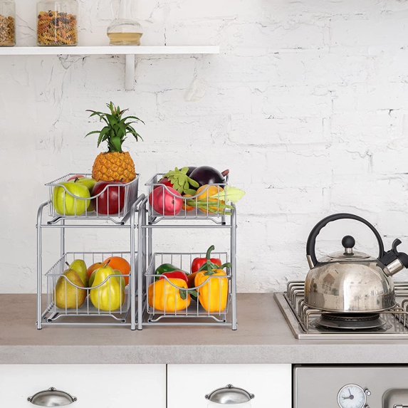 2 Pcs Kitchen Storage Rack Under Sink Cabinet Organizer w/Sliding Storage Drawer
