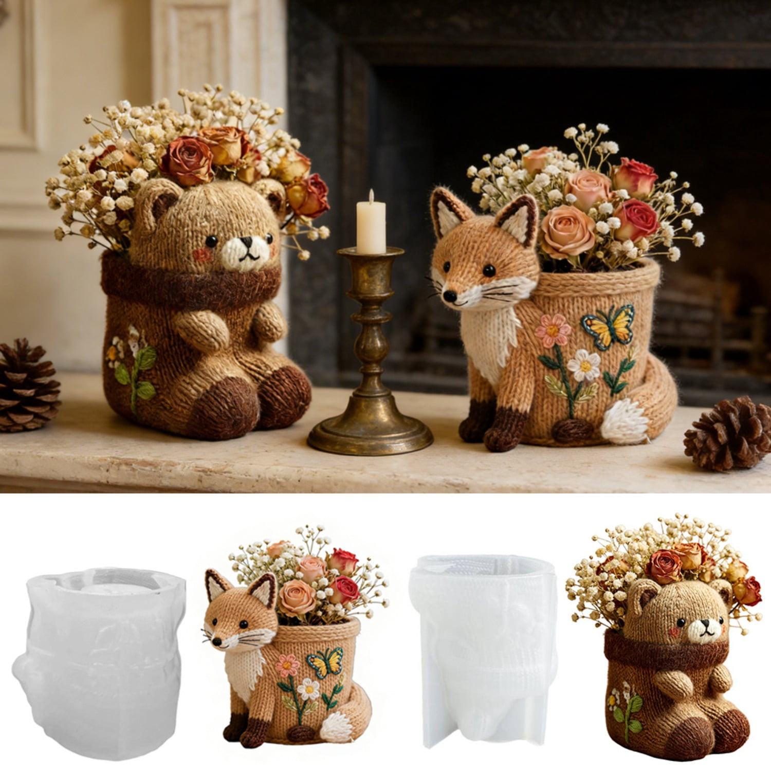 2 Pcs Knitted Fox & Bear Flower Pot Silicone Resin Mold, 3D Cute Animal Shaped Mold for Concrete Cement Plaster Clay, DIY Planter Storage Jar Epoxy Mold for Home Decor Craft