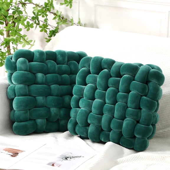 2 Pcs Knot Pillows Square Knotted Plush Throws Soft Accent Pillows Decoration Cushion for Couch Home Office Living Room Bedroom Bed Sofa Decor, 12'' x 13''(Dark Green,Crystal Velvet)