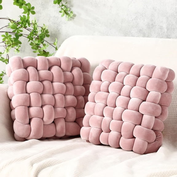 2 Pcs Knot Pillows Square Knotted Plush Throws Soft Accent Pillows Decoration Cushion for Couch Home Office Living Room Bedroom Bed Sofa Decor, 12'' x 13''(Haze Pink,Crystal Velvet)