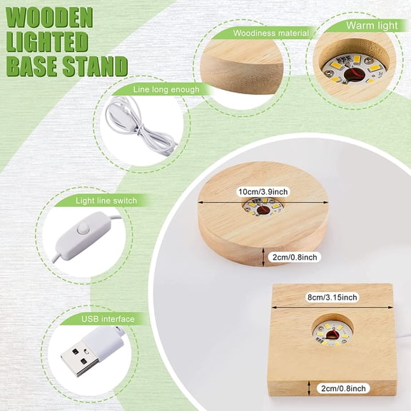 2 Pcs LED Base Wood Light Display Base for Crystal Glass Art Resin Light Display Stand with 6 LED Wooden Crystal Resin Lamp for 3D Laser USB Only(Square, Round)