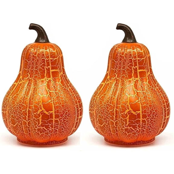 2 Pcs LED Crackle Pumpkin Light Halloween Table Lamp Decor, Backlit Fall Night Light Vintage Desk Figurine for Thanksgiving Party(B)