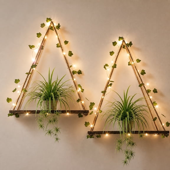 2 Pcs LED-Lit Faux Ivy Wall-Mounted Shelves, Wooden Floating Triangle Storage Shelves with Decorative Vines and Warm Lights, Home Decor Display Racks for Living Room Bedroom Kitchen