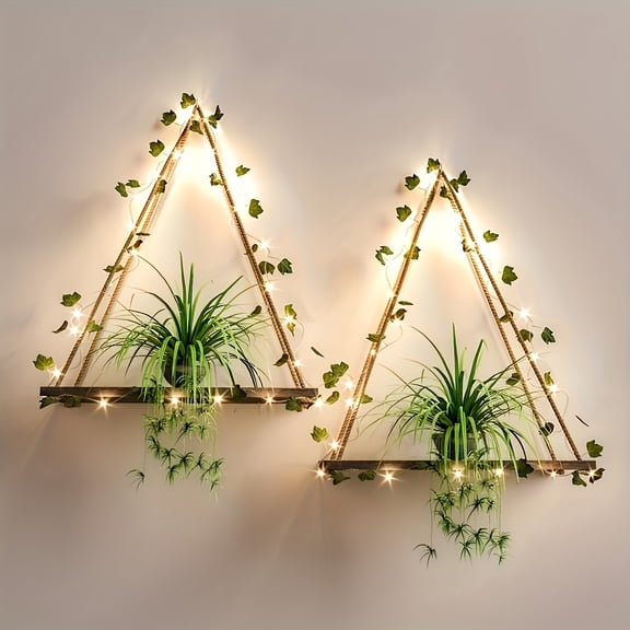 2 Pcs LED-Lit Faux Ivy Wall-Mounted Shelves, Wooden Floating Triangle Storage Shelves with Decorative Vines and Warm Lights, Home Decor Display Racks for Living Room Bedroom Kitchen