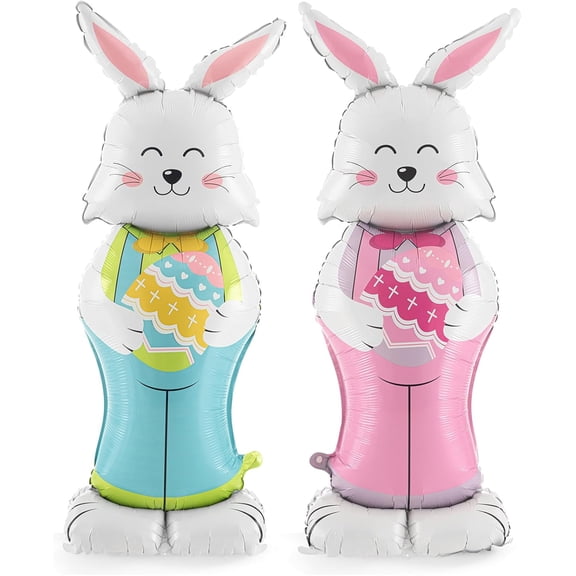 Easter Bunny Balloons, 2-Pack 59-Inch Large Rabbit-Shaped Foil Balloons With Base For Standing Display, Cartoon Bunny Decor For Easter Birthday Spring Party