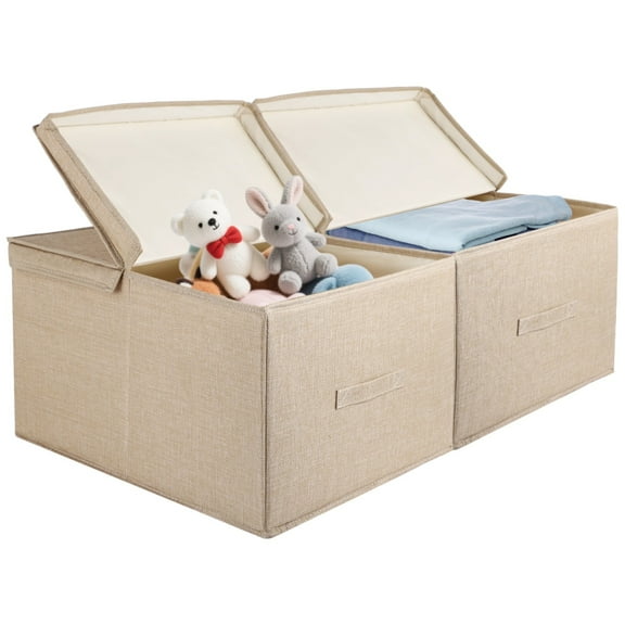 2 Pcs Large Foldable Cotton Linen Storage Boxes with Lids, Stackable Beige Toy Organizer Bins, Fabric Blanket Baskets with Handles for Home Closet Nursery