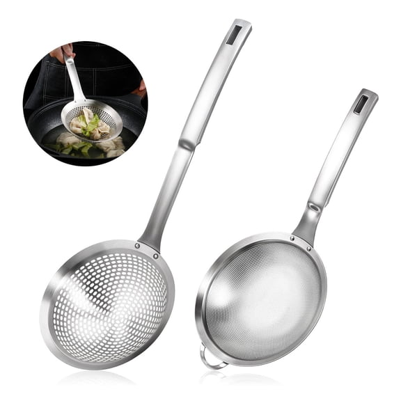 2 Pcs Large Holes Slotted Colander Frying Spoon With Handle, Fine Mesh Stainless Steel Sieve Food Strainer, Spider Strainer Skimmer, Handheld For Kitchen Cooking