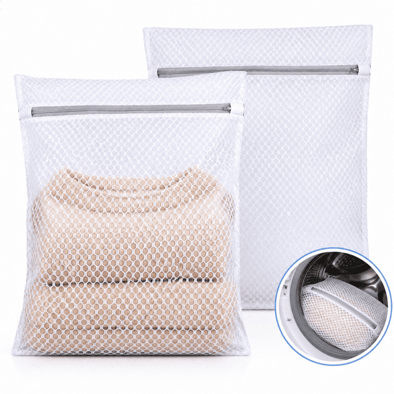 Artrylin 2 Pack Mesh Laundry Bags, 23.6" x 23.6" Large Delicates Wash Bags – Zippered Polyester Bed Sheet Wash Bags for Coats, Underwear & Sweaters, Reusable Laundry Bags for Washing & Travel (White)