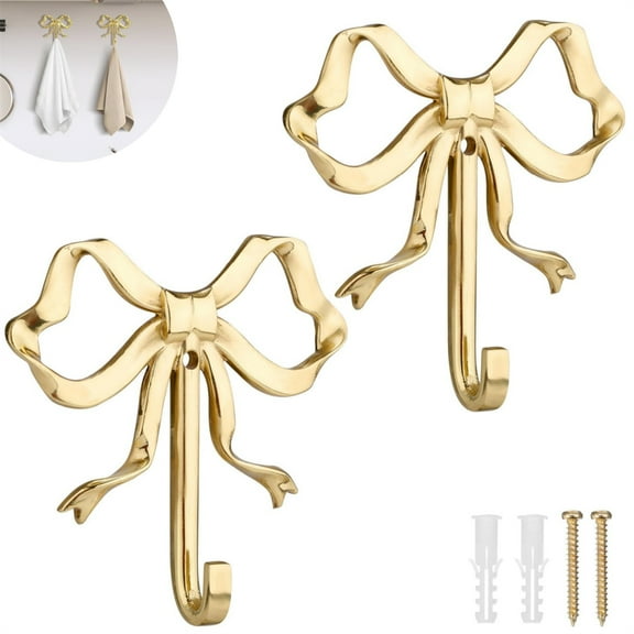2 Pcs Large Metal Bow Decorative Wall Hooks 3.5" Gold Purse Hanger Multi-Purpose Coat Rack Vintage Knot Towel Holder Hanging Keys Scarf Hats Hook for Home Bathroom Kitchen By Scheam