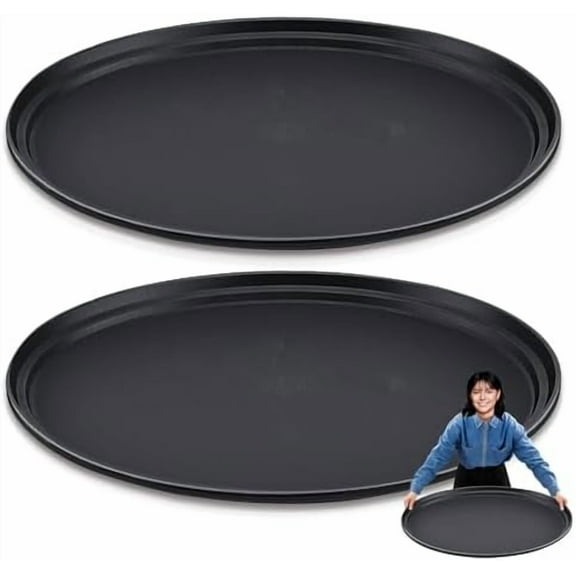 2 Pcs Large Restaurant Serving Trays 24" x 29" Oval Plastic Food Serving Tray Non Slip Rubber Lined Black Serving Tray for Cafeteria (2)