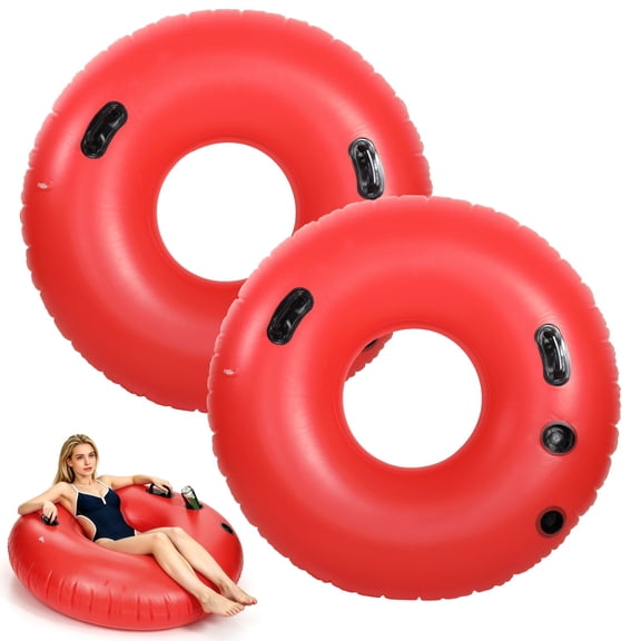 2 Pcs Large Round Floats for Adults, 44.4" Inflatable River Tubes, Vibrant Red Pool Float Rings with Airtight Double Valve, Double Handle, and Cup Holder for Pool, Lake, Beach Party