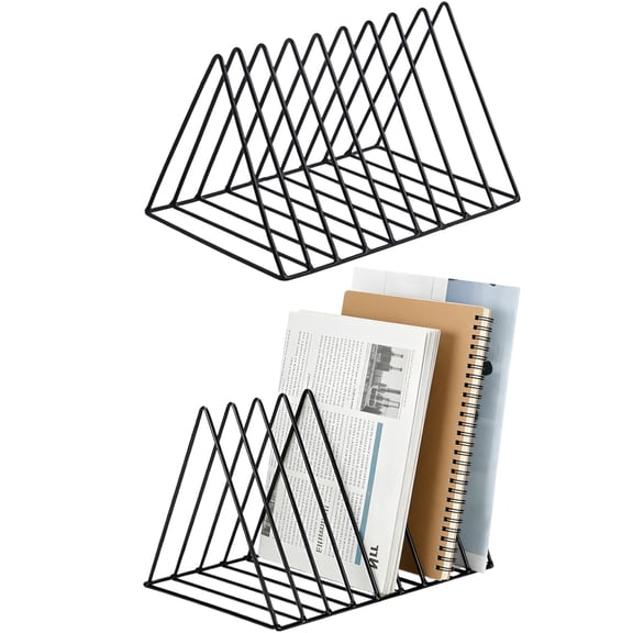 2‑Pack Large Triangle Book Stand – 10.2" x 7.5" x 7.1" Iron Art Desktop Organizer, Black Metal Wire Book Holder for Office Desk, Study Room & Living Room Decoration