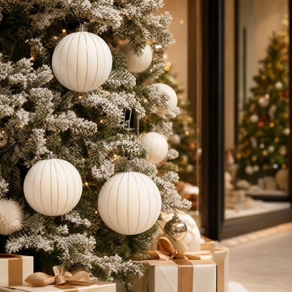 2 Pcs Large Velvet Christmas Ball Ornament, 5.91in White Shatterproof Flocked Bauble with Gold Glitter Stripes, Soft Pendant for Christmas Tree, Wreath, Fireplace and Indoor Holiday Decor