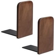 2 Pcs Large Walnut Bookends for Shelves, 6.7 in / 17 cm Height Wooden Book Ends for Heavy Books, Square Head Design, Sturdy Metal Non-Slip Base, Decorative Book Stoppers