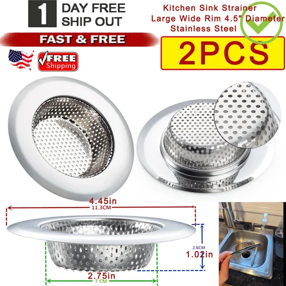 2 Pcs Large Wide Rim 4.5" Diameter Kitchen Sink Strainer Stainless Steel Kitche