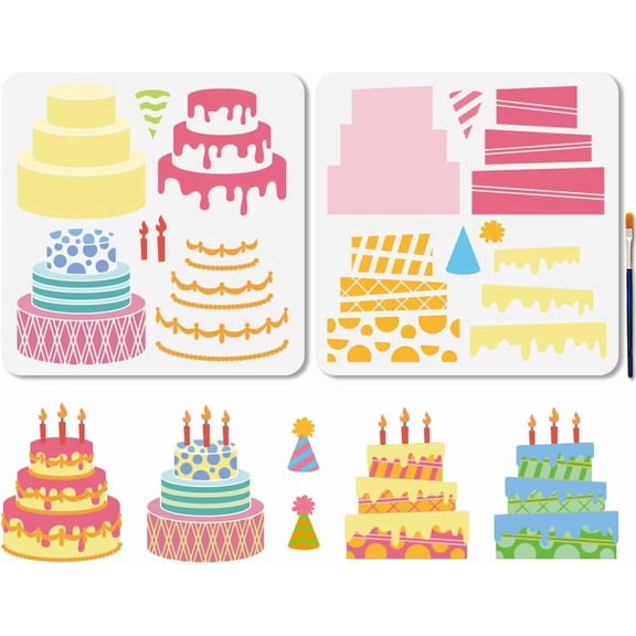 2 Pcs Layered Cakes Stencil Reusable Birthday Wedding Cake Painting Stencils 11.8x11.8 Inches Candles Hat Drawing Templates with Paint Brush for Wood Wall Home Gift Decoration Colorful