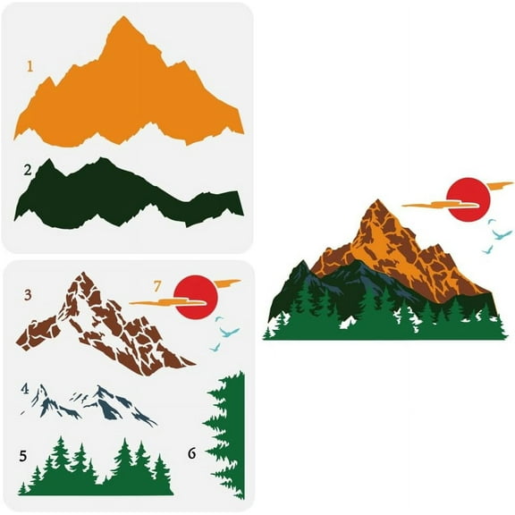 2 Pcs Layered Forest Mountain Landscape Painting Stencil 11.8x11.8 inch Mountain Scenery Stencil Plastic Flying Birds Sun Pattern Stencil Reusable Stencil for Scrapbook and Art Projects White