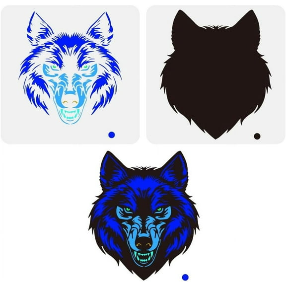 2 Pcs Layered Wolf Face Large Stencil 11.8x11.8inch Ferocious Wolf Painting Stencils Reusable Wolf Head Templates Animal Themes Drawing Templates for Wall Fabric Tiles Floor Paper Wood White DIY