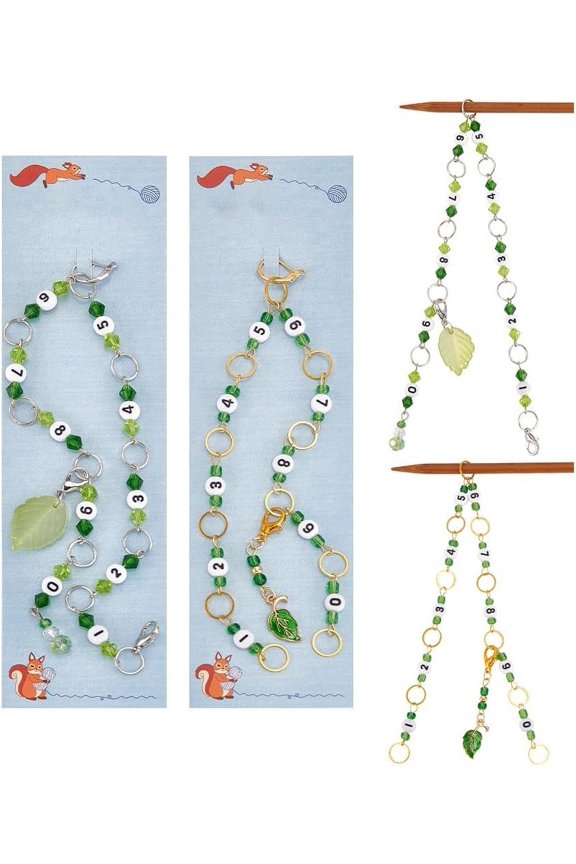 2 Pcs Leaf Charms Knitting Row Counter Chains 2 Pcs Leaf Stitch Markers Number Beads Row Counter Chains