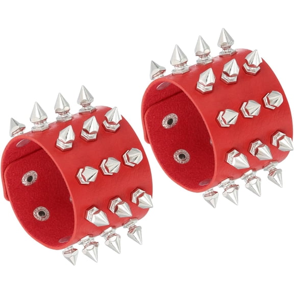 2 Pcs Leather Punk Bracelet 8.7"/22cm Layered Row Conical Spikes Red -
