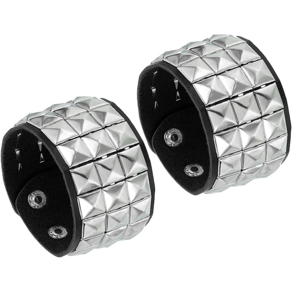 2 Pcs Leather Punk Bracelet 8.7"/22cm Layered Row Square Rivets Bracelet, Black(Silver) -