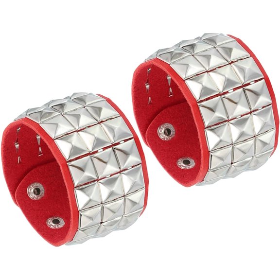 2 Pcs Leather Punk Bracelet 8.7"/22cm Layered Row Square Rivets Bracelet, Red -