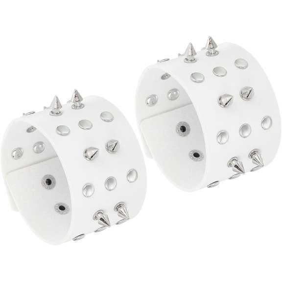2 Pcs Leather Punk Bracelet Layered Row Spikes Goth White -