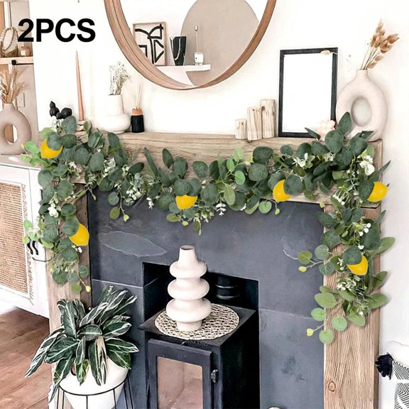 2 Pcs Lemon Artificial Vines, Lemon Silk Vine Garland with Green Leaves, Fake Hanging Plants Greenery Decor for Home, Bedroom, Wall, Party, Wedding Decoration