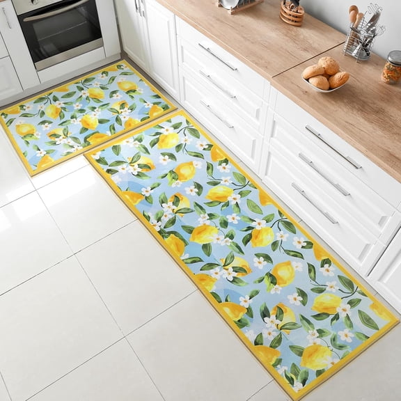 2 Pcs Lemon Kitchen Mats Lemon Printed Kitchen Rugs Farmhouse Kitchen Mats for Floor Non Skid Washable Absorbent Microfiber Lemon Kitchen Decor Set for Sink Laundry, 17" x 30" + 17" x 47"
