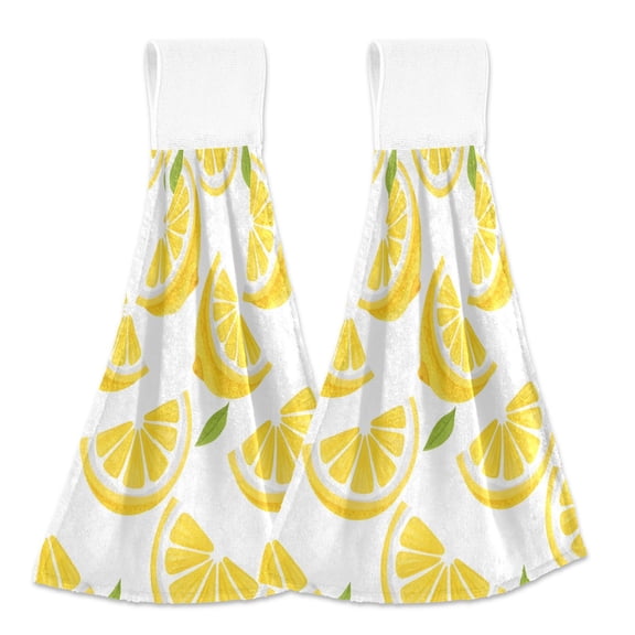2 Pcs Lemon Slice and Leaf Kitchen Hand Towels with Hanging Loops Absorbent Soft Fast Drying Decor Bath Towels